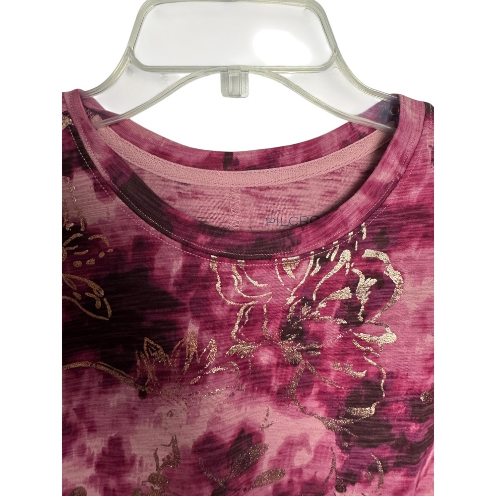 Pilcro Anthropologie Pink Purple Tie Dye Gold Foil Floral Cotton Tee Shirt M - Picture 6 of 8